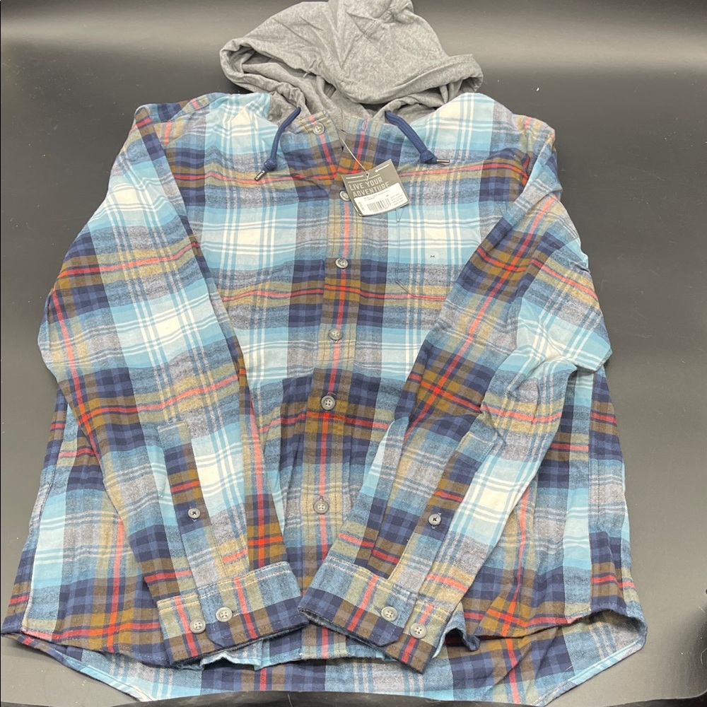 NWT Eddie Bauer Blue Brown Plaid Button-Up Shirt with Hoodie Wild River